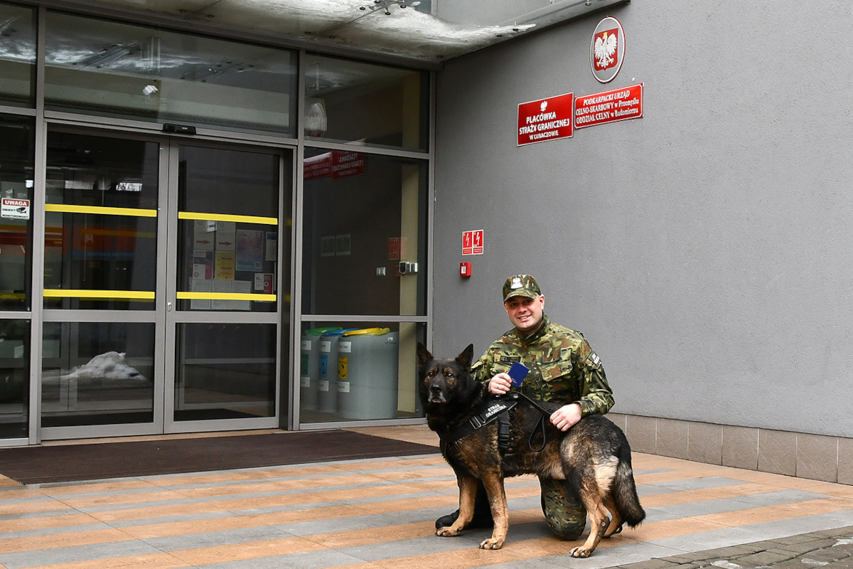 Paweł, przewodnik psa służbowego z placówki Straży Granicznej w Lubaczowie, na co dzień pełni służbę przy ochronie zewnętrznej granicy Unii Europejskiej.