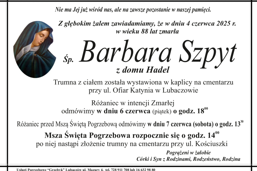 Zmarła Barbara Szpyt [88 lat]