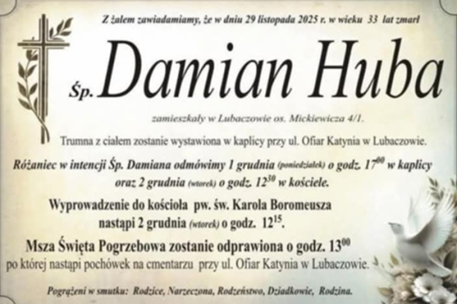 Zmarł Damian Huba [33 lata]