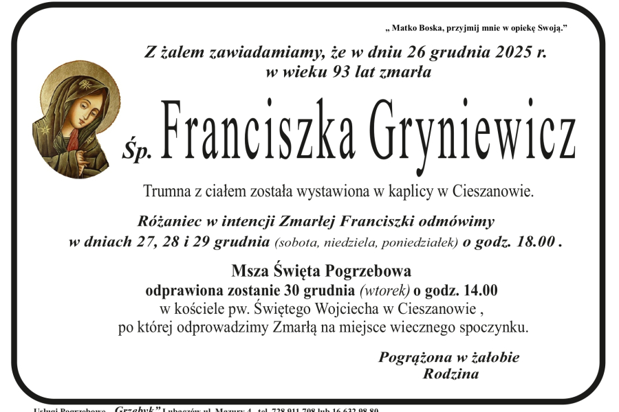 Zmarła Franciszka Gryniewicz [93 lata]
