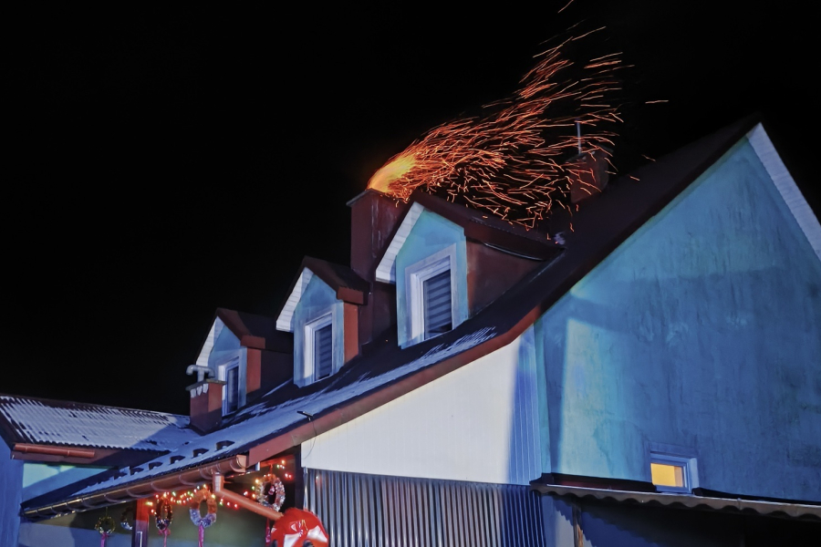 Słup iskier nad domem. Pożar sadzy w kominie w Baszni Dolnej [ZDJĘCIA]