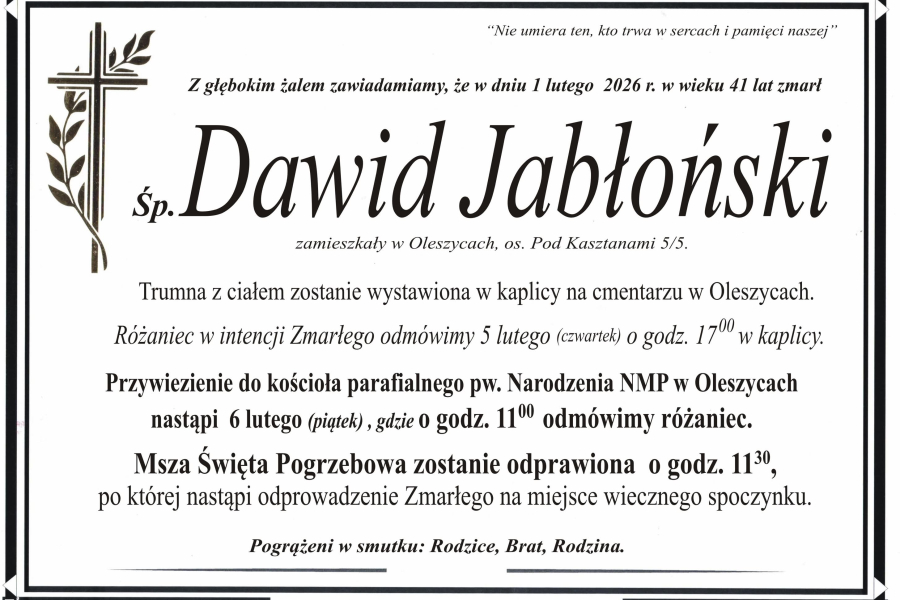 Zmarł Dawid Jabłoński [41 lat]