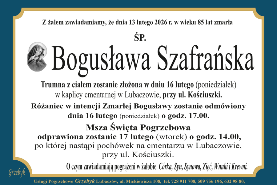 Zmarła Bogusława Szafrańska [85 lat]