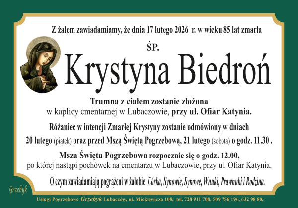 Zmarła Krystyna Biedroń [85 lat]