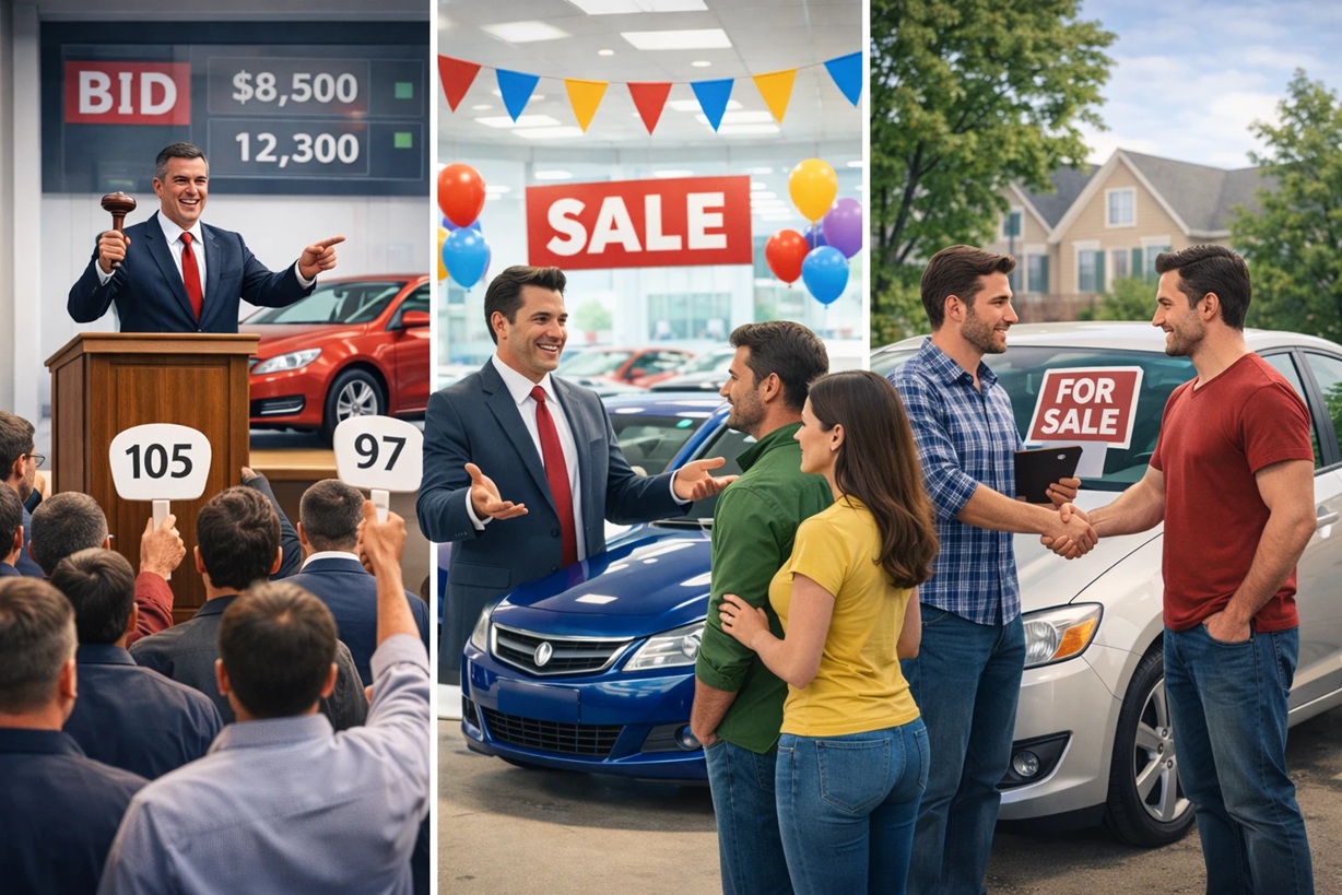 Różnice między aukcjami, salonami samochodowymi a ogłoszeniami prywatnymi.