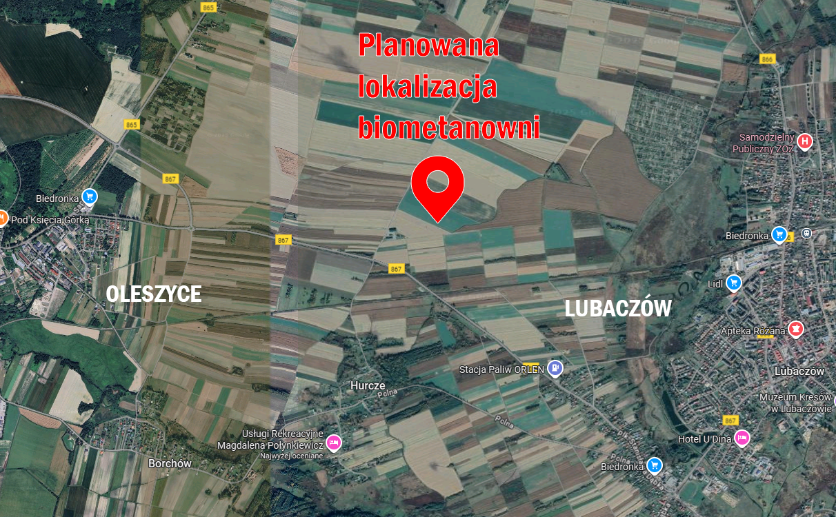 Lokalizacja planowanej biometanowni między Oleszycami a Lubaczowem