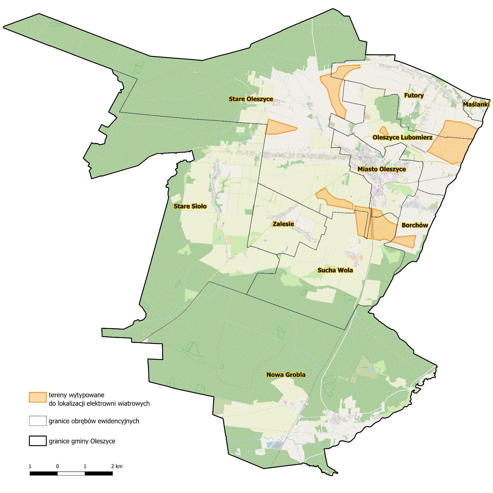 Mapa przedstawiające potencjalne lokalizacje wiatraków, które chce postawić firma Vortex Energy