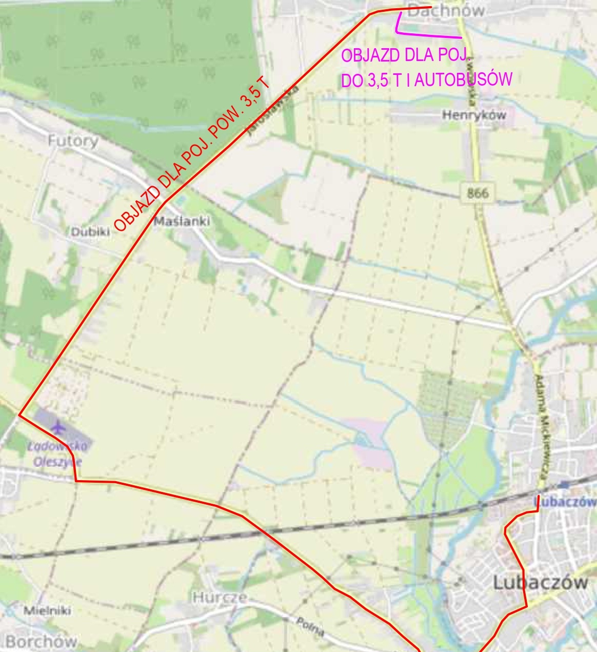 Mapa objazdów droga Dachnów - Lubaczów