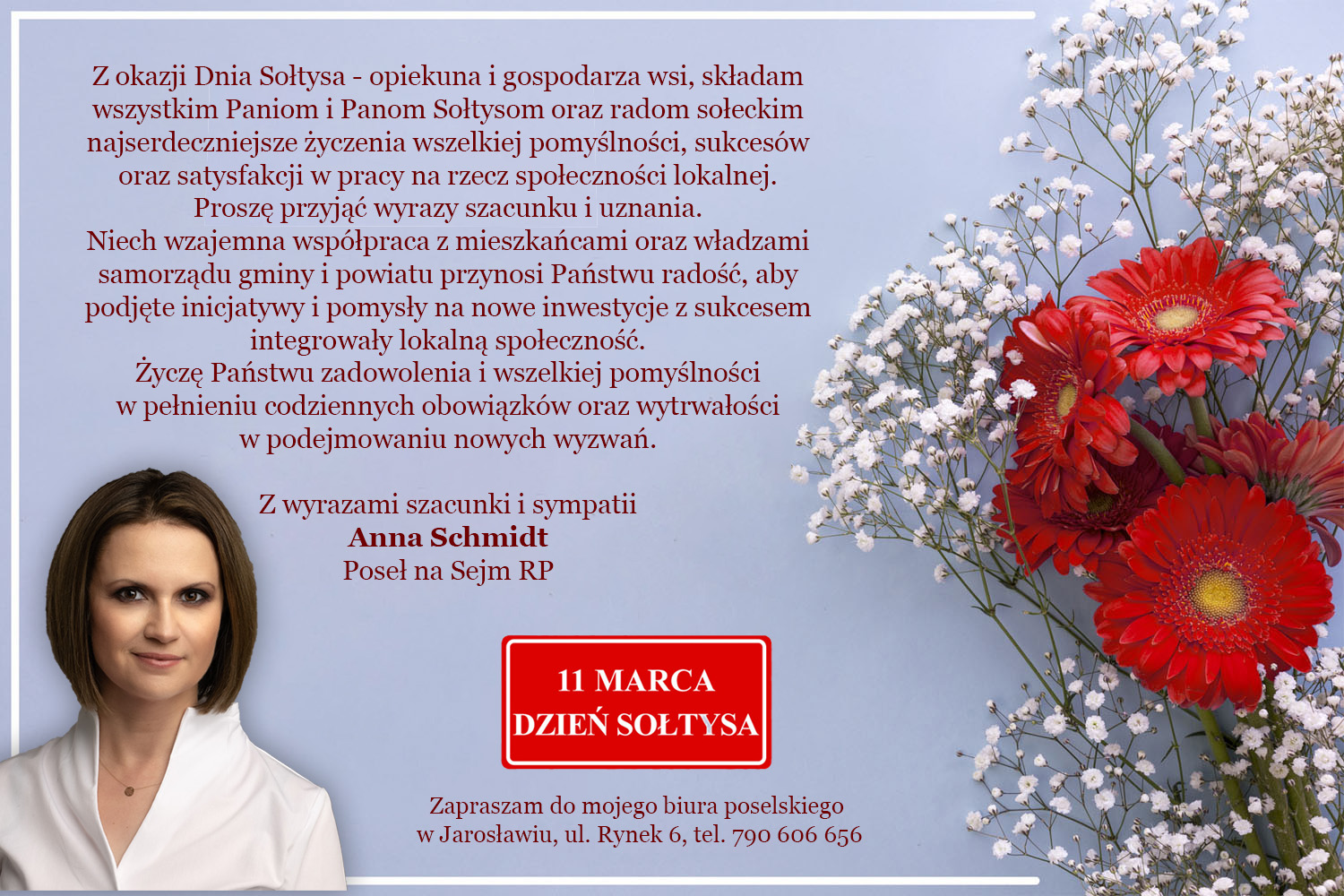 Życzenia Poseł Anny Schmidt z okazji Dnia Sołtysa
